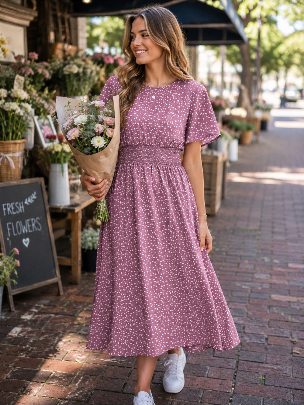 Heart Print Smocked Waist Dress Large Mauve Flutter Sleeve Midi Dress